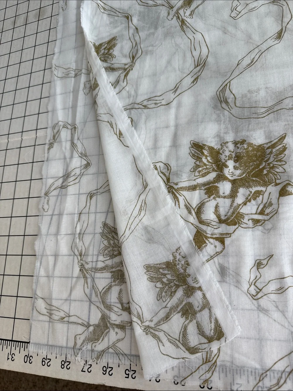 1¾ Yds Vintage Style Cherub Voile Fabric 58” Wide Semi Sheer Ivory Gold Romantic